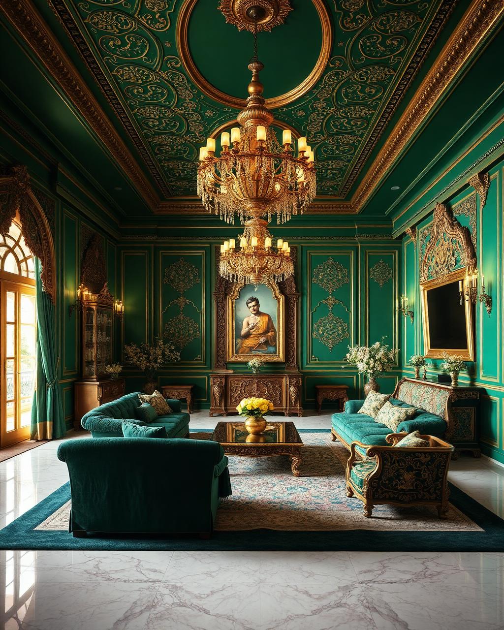Emerald and gold royal living room by Sri Durga Interiors